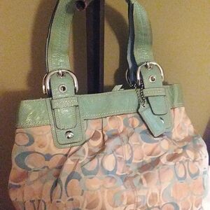 Vintage Coach bag ..Light khaki,tan and blue logo ..